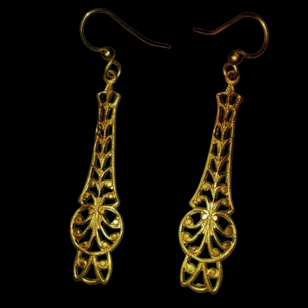 Brass Filigree Handmade Earrings Vintage Repro Gold Art Deco Nouveau Charm KATTA